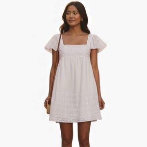 CAARA White Eyelet Mini Dress M Cottagecore A-Line Flutter Sleeve Holiday Resort